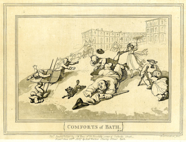 Cartoon-Illustration von Menschen in Not in einer Badewanne umgeben von hohen Gebäuden mit einem tiefblauen Himmel, beschriftet mit "Comforts of Bath" unten.