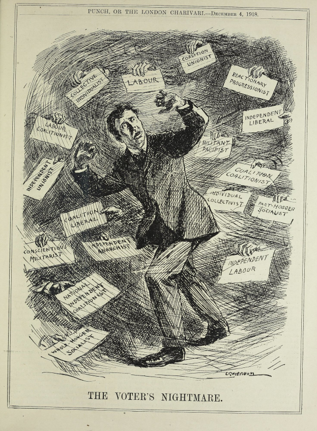 Ein Mann im Anzug und Krawatte hält ein Schild mit der Aufschrift "Der Albtraum des Wählers" und blickt entschlossen, strahlend und selbstbewusst.