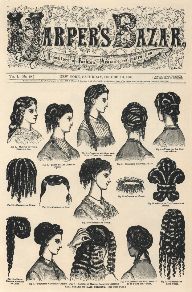Ein Collage von Harper's Bazaar Zeitschriftenausschnitten, die verschiedene Hairstyles und Begleittext zeigen.
