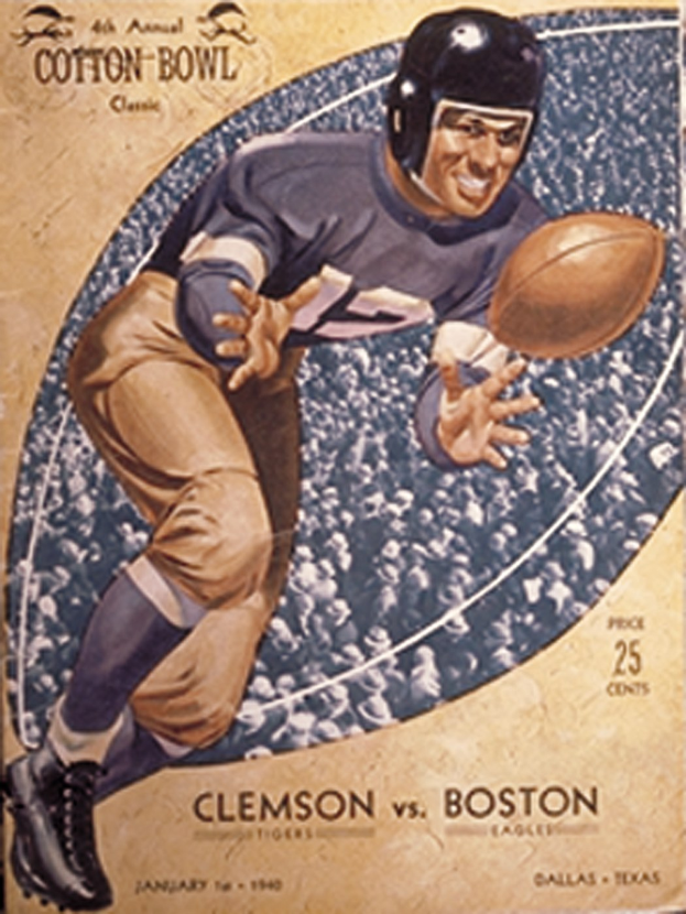 Ein Plakat eines Fußballspielers in einem Helm, der einen Fußball hält, mit der Aufschrift "Cotton Bowl Cleveland vs Boston" darüber, das eine entschlossene Miene zeigt.