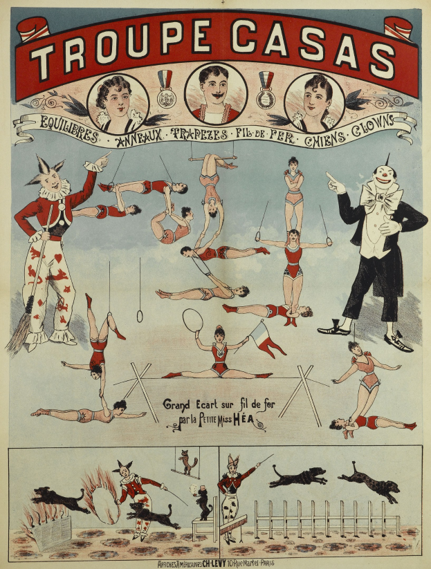 Plakat, das die 'Troupe Casas' Zirkus in Paris ankündigt, mit Darstellern in bunten Kostümen und Masken sowie Bildern von Tieren.