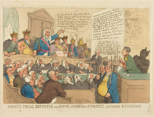 Cartoon-Illustration eines Gerichtssaals mit dem Titel 'Boney's Trial, Sentence, and Dying Speech Europe's Injuries Revenged', die eine zentrale stehende Person, sitzende Beobachter und einen Tisch mit Gegenständen auf der rechten Seite zeigt.