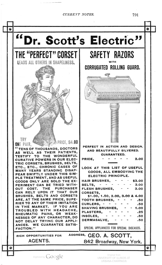 Ein Frauenkopf neben Text, der Dr. Scotts Elektrische Rasierer bewirbt.