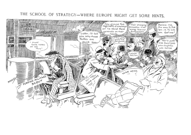 Cartoon-Illustration einer Gruppe von Menschen, die auf Stühlen sitzen, einige halten Papiere, mit Text auf dem Bild, der eine Schule oder einen Workshop vermuten lässt.