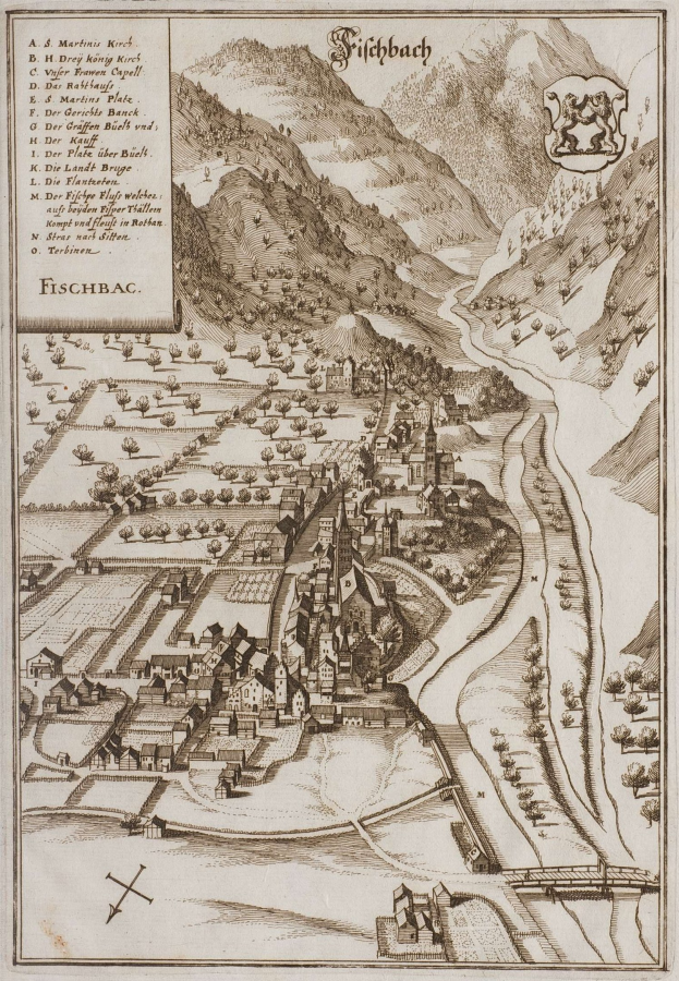 Alte Karte von Fischbach, Deutschland, mit Häusern, Bäumen, Hügeln, einem gewundenen Fluss, Text und einem Logo auf altem Papier.
