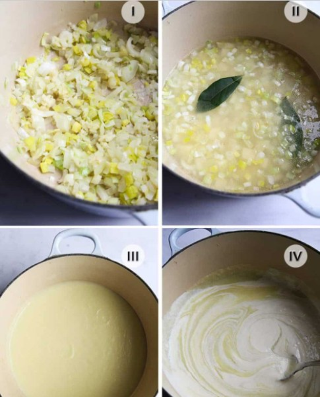 Collage aus vier Fotos, die die Schritte des Suppe-Kochens zeigen: gewürfeltes Gemüse in einer Schüssel, Zutaten werden in die Suppe gegeben, gemischtes Gemüse im Topf und eine fertige Schüssel Suppe, die serviert werden kann.