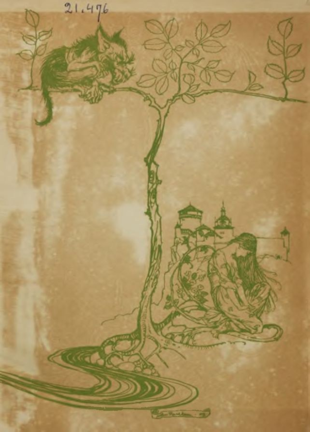 Eine Zeichnung eines üppigen grünen Baums mit einer Katze auf einem Ast, die nach oben schaut, und geschwungene Schrift auf dem Papier.