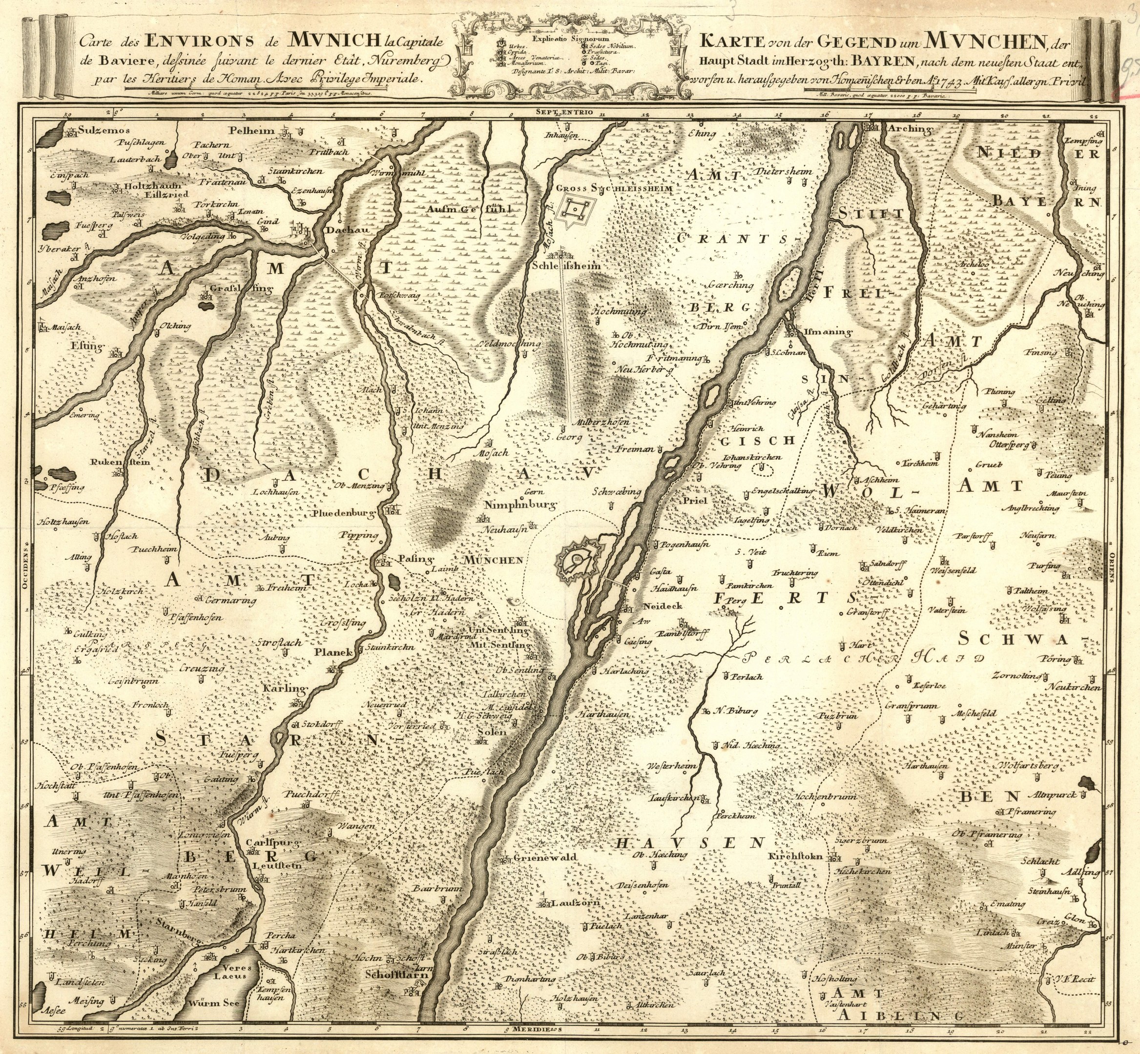 Alte gedruckte Karte von München, Deutschland, mit einem Fluss, der hindurchfließt, und Text, der weitere Details bereitstellt.