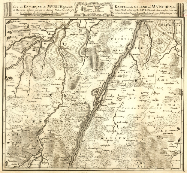 Alte gedruckte Karte von München, Deutschland, mit einem Fluss, der hindurchfließt, und Text, der weitere Details bereitstellt.