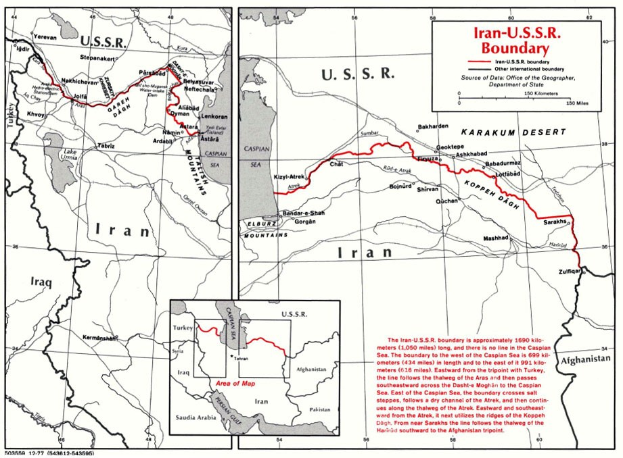 Detailierte Landkartenposter der iranisch-sowjetischen Grenze, das geografische Merkmale und Landesgrenzen mit erklärendem Text zeigt.