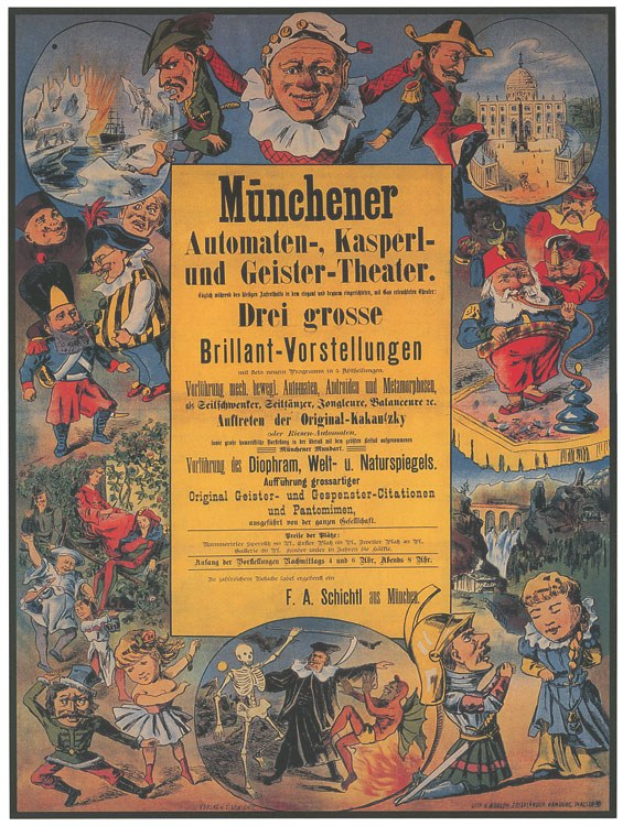 Alter deutscher Filmplakat mit dem Titel "Munchener Automaten-Kasperl- und Geister-Theater", das eine Gruppe von Menschen in bunten Kostümen zeigt, umgeben von Text, der eine lebhafte Atmosphäre suggeriert.