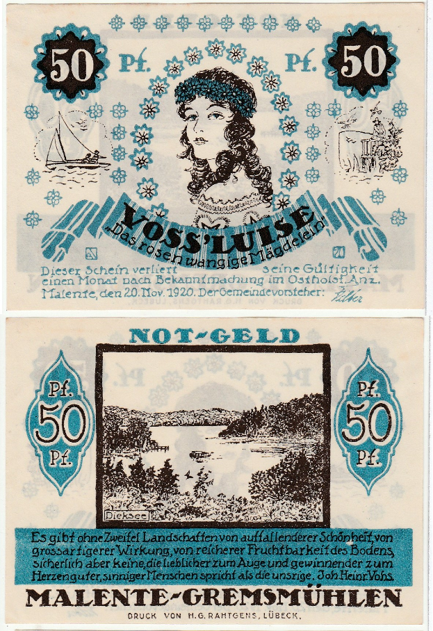 Alte deutsche 50 Pfennig-Banknote mit einem Porträt einer Frau, umgeben von Text und numerischen Bezeichnungen.