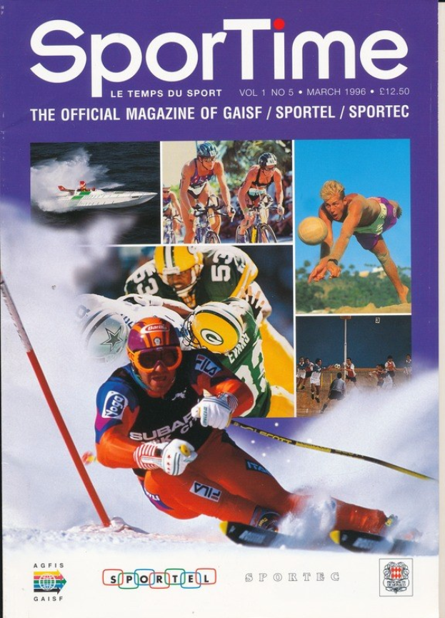 Titelbild des *Sporttime Magazins* (März 1996) mit Abbildungen von Skifahren und Snowboarden auf der Titelseite.