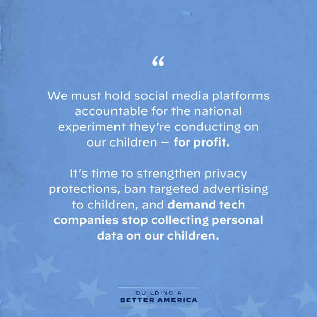 Plakat mit einem Zitat aus "Building a Better America", das soziale Medien für Experimente an Kindern für Gewinn kritisiert, dekoriert mit Sternen.
