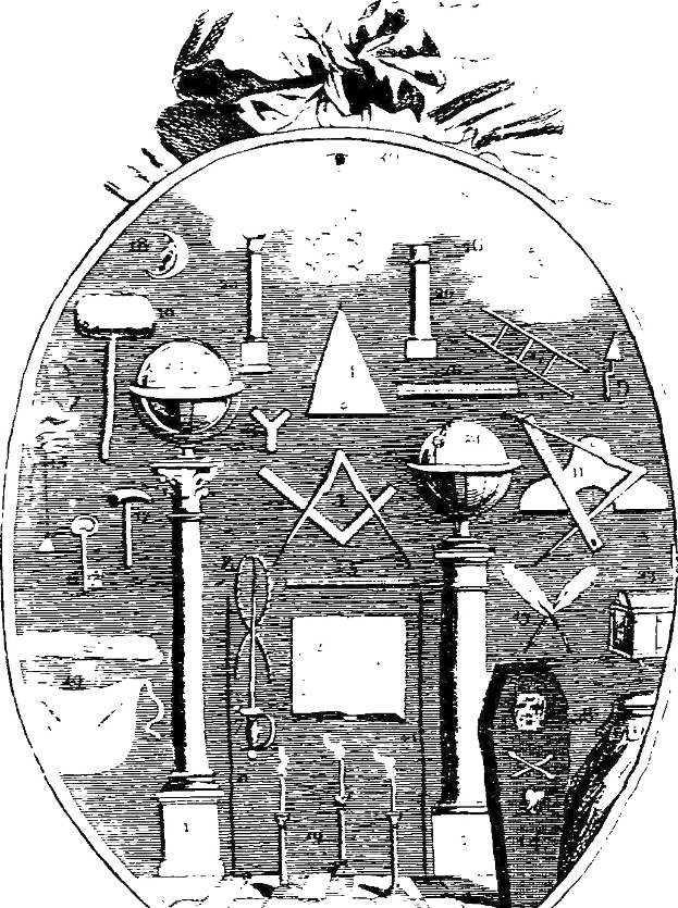Schwarzes und weißes Zeichnung eines masonischen Symbols in einem ovalen Rahmen, umgeben von Säulen und anderen Gegenständen, mit dem Text "Masonisches Symbol" unten.
