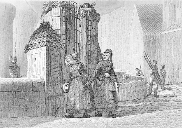 Schwarze und weiße Gravur von zwei Frauen vor einem Gebäude mit einigen anderen Menschen im Hintergrund, betitelt mit "Victorian Women in the City of London".