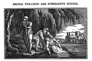 Schwarzes und weißes Bild eines Mannes, der steht und einen Stock hält, mit einer Frau, die vor ihm auf dem Boden liegt, umgeben von Bäumen, Gebäuden und einem bewölkten Himmel, mit dem Text "brutale Gewalt und anschließender Suizid" oben und unten.