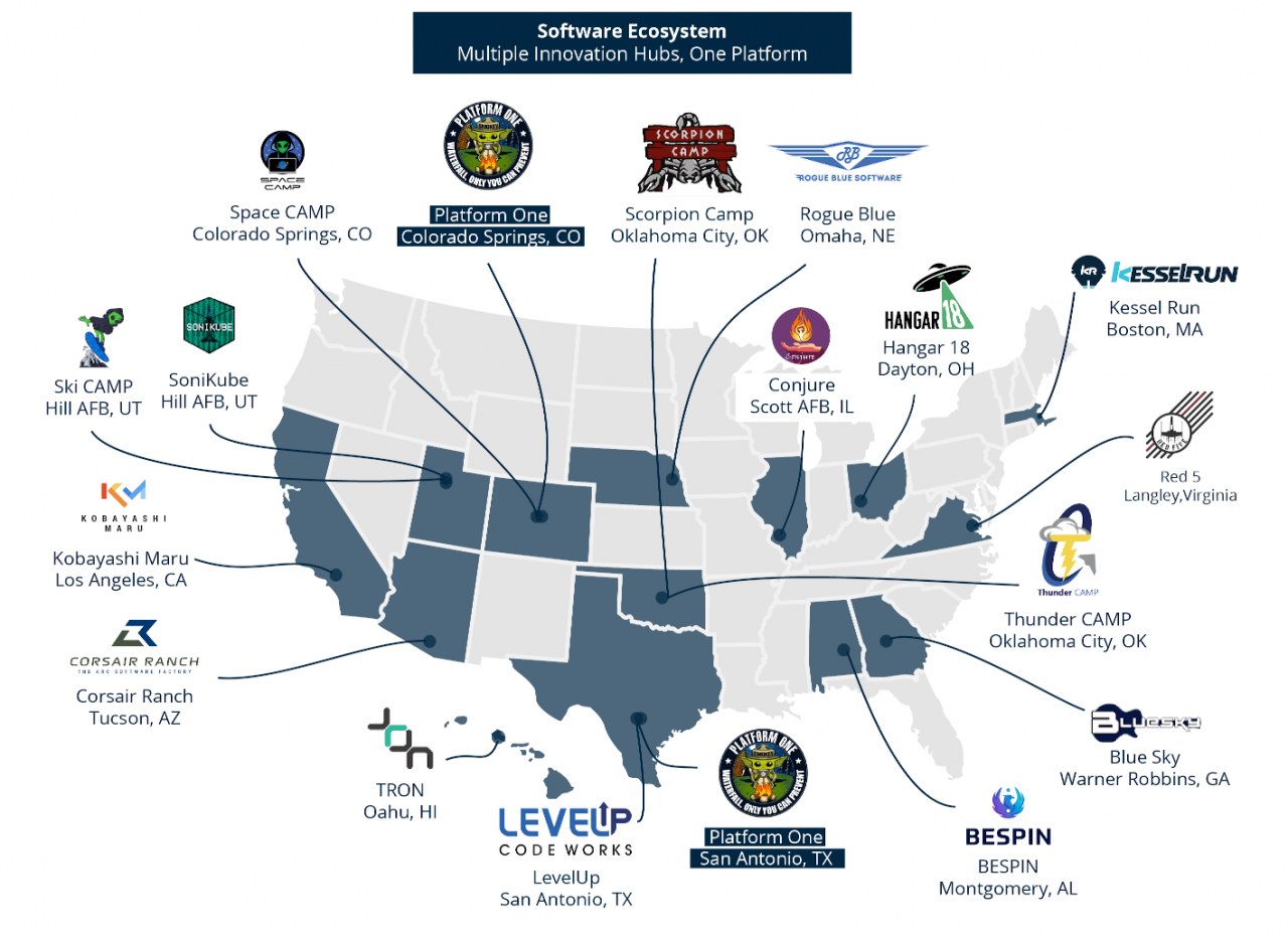 Eine Karte der Vereinigten Staaten, auf der Unternehmenslogos und Text die Standorte von Software-Ökosystem-Entitäten markieren.
