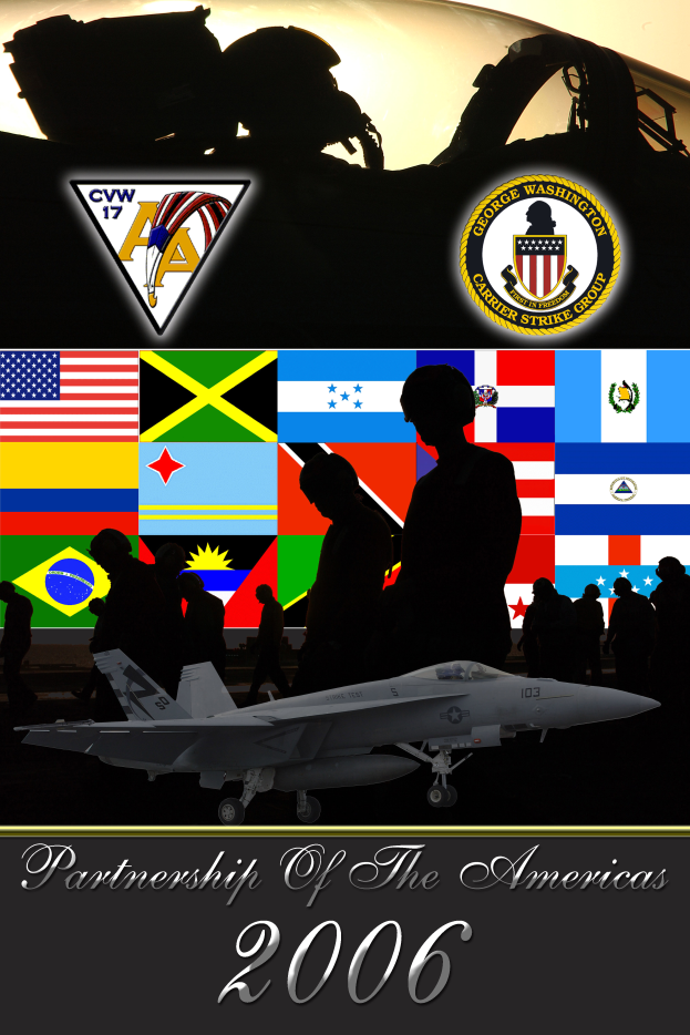 Ein Plakat mit einem zentralen Kampfflugzeug, umgeben von Menschen und Flaggen, mit einem Flugzeug oben und dem Text "Amerikas Partnerschaft 2006" unten.