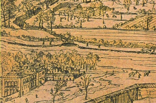 Ein detailliertes Stadtlandschaftsbild mit einem gewundenen Fluss, grünen Bäumen und hohen, imposanten Gebäuden, das eine friedliche Atmosphäre vermittelt.