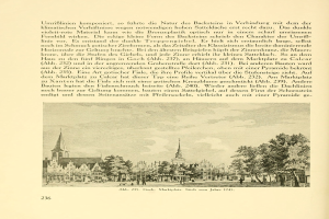 Offenes Buch mit einer detaillierten Stadtansicht-Illustration, die Gebäude, Bäume und Menschen enthält, sowie begleitenden Text.