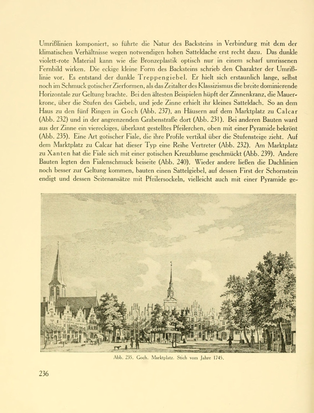 Offenes Buch mit einer detaillierten Stadtansicht-Illustration, die Gebäude, Bäume und Menschen enthält, sowie begleitenden Text.