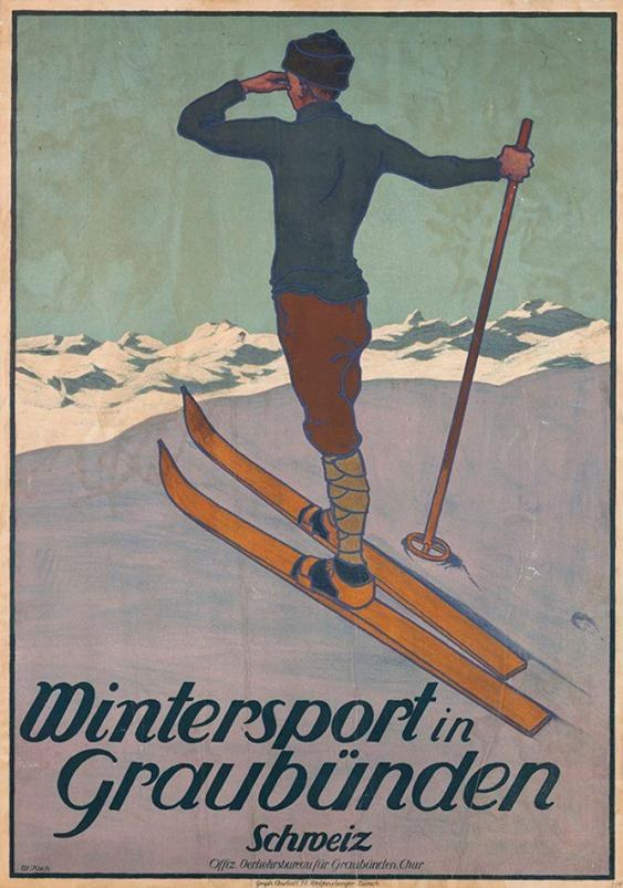 Person auf Skiern mit einem Stock, schneebedeckte Berge im Hintergrund, Plakat mit Text, der einen Wintersport in Graubünden, Schweiz, bewirbt.