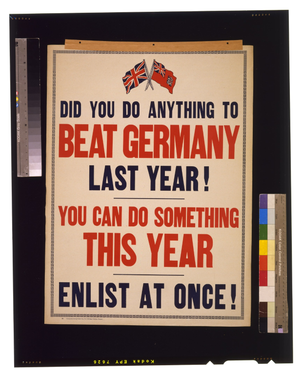 Plakat mit fetter schwarzer Schrift auf weißem Hintergrund, eingerahmt von einem schwarzen Rand, das zur Einberufung aufruft mit der Botschaft "Hast du letzten Jahr etwas gegen Deutschland getan? Du kannst dieses Jahr etwas tun - melde dich jetzt an!"