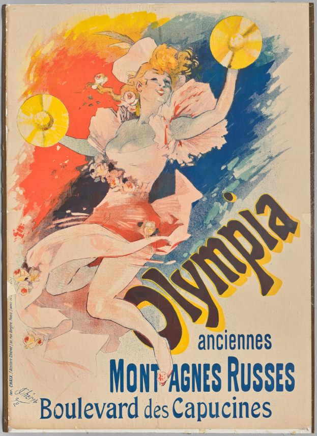 Plakat für die Olympischen Spiele in Mont-Agnes-Russes, Frankreich, mit einer gemalten Frau in weißem Kleid mit blauer und gelber Schärpe, hochgestecktes Haar und strahlendem Lächeln, mit der Aufschrift "Olympia" in fetter schwarzer Schrift.