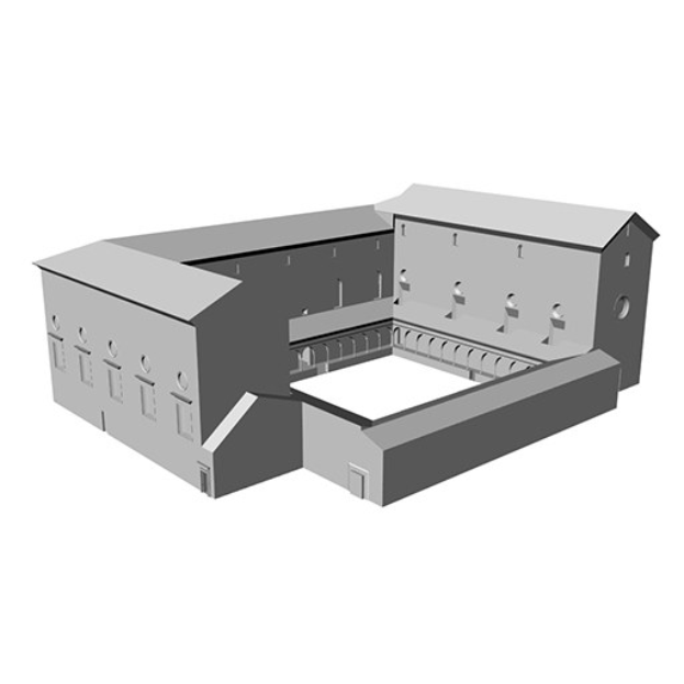 Ein 3D-animiertes Modell eines Konzertsäals mit zahlreichen Fenstern, dargestellt in einem lebendigen und farbenfrohen Stil.