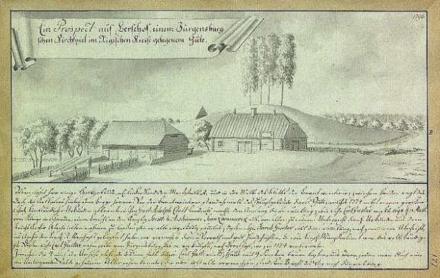 Ein altes historisches Dokument, das einen Bauernhof in Surgensburg, Deutschland, zeigt, mit einer Zeichnung eines Bauernhofes umgeben von Bäumen, Häusern und einem Himmel, mit dem Text "Surgensburg, Deutschland - Landschaft eines Bauernhofes" sichtbar.