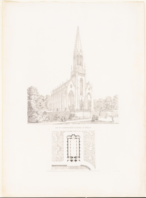 Eine Zeichnung der Bartholomäus-Kirche in Berlin mit einem Turm, umgeben von Bäumen und Menschen, und dem Namen der Kirche unten.