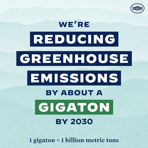 Plakat mit Text und Logo, das "Wir reduzieren die Treibhausgasemissionen bis 2030 um etwa eine Gigatonne" besagt und für eine signifikante Reduzierung der Treibhausgase bis 2030 wirbt.