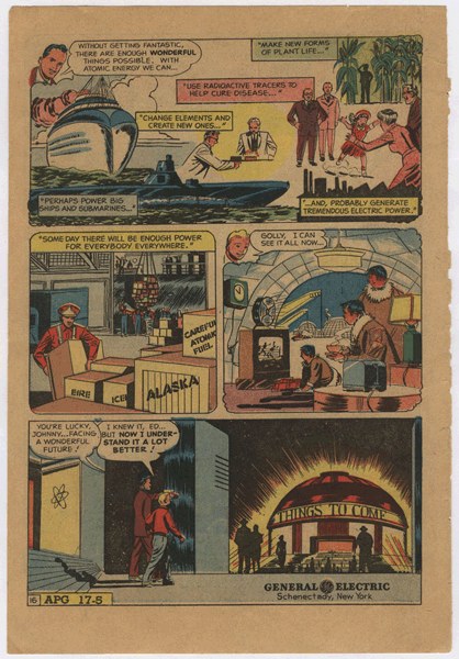 Comic-Seite mit einem Mann in einem blauen Anzug mit roter Krawatte und einer Frau in einem weißen Kleid mit einem blauen Schal, vor einem hellblauen Himmel mit weißen Wolken.