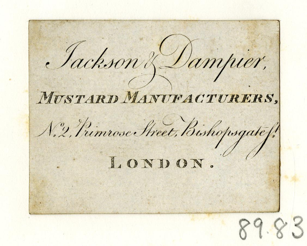 Alte Geschäftsvisitenkarte für Jackson & Damper Senfhersteller, gelegen an No. 2, Primrose Street, Bishopgate, London.