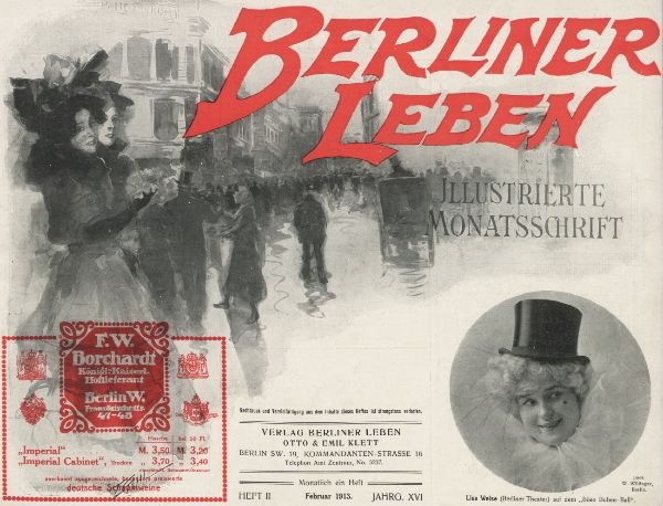 Werbung für das Berliner Leben Theater mit einer Frau in einem Zylinder und einem Mann in einem Anzug im Hintergrund.