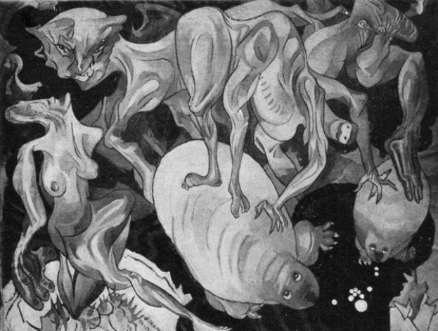 Schwarzes und weißes Bild aus dem Jahr 1938 von KÜNSTLER, das eine Gruppe von Tieren zeigt, darunter einen Löwen, eine Giraffe, ein Zebra und ein Flusspferd, in einem dunklen, mysteriösen Raum mit Text, der die Spannung erhöht.