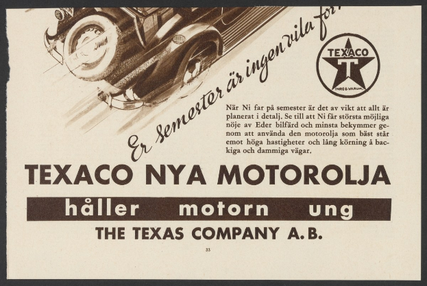 Werbeposter für die Texas Company A.B. Motorola mit einem Auto in der Mitte und Text drumherum.