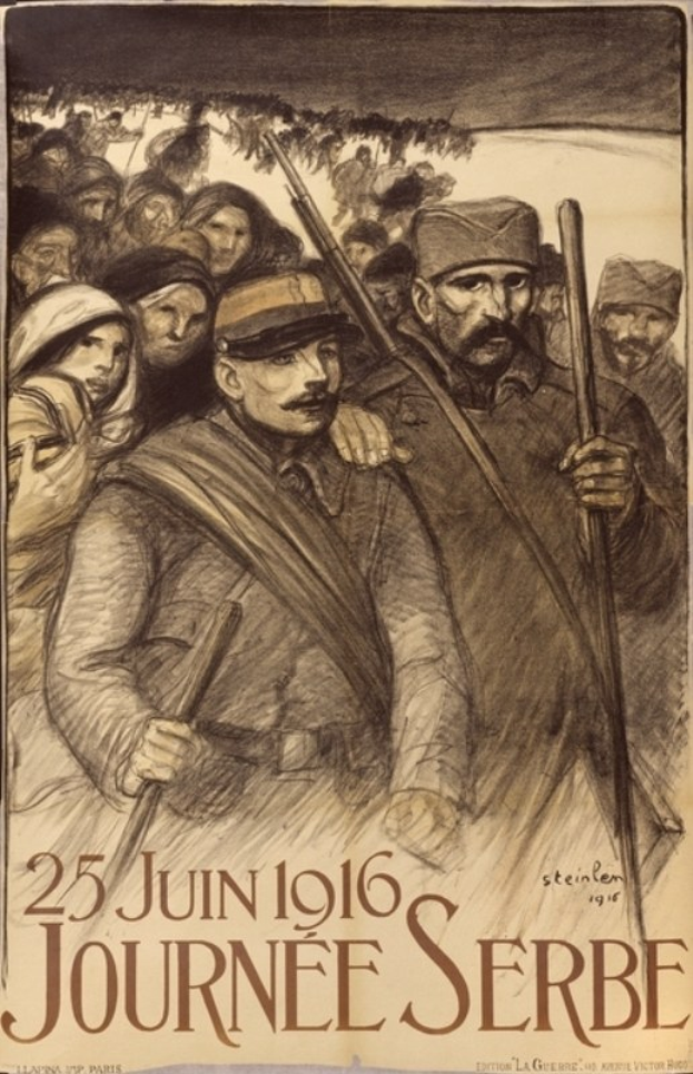 Plakat für die 1916er Journée Serbe mit einer Gruppe von Menschen, die Waffen halten und Text mit Veranstaltungseinzelheiten.