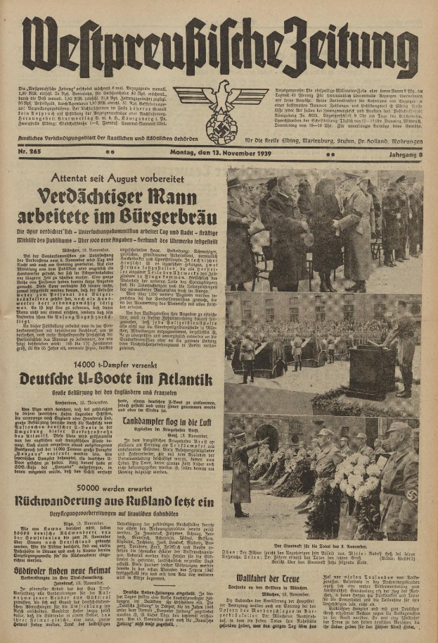Titelseite der deutschen Zeitung "Weitpreubliche Zeitung" vom 13. November 1939, die eine Gruppe von Menschen in traditioneller deutscher Kleidung in einer feierlichen Umgebung zeigt.
