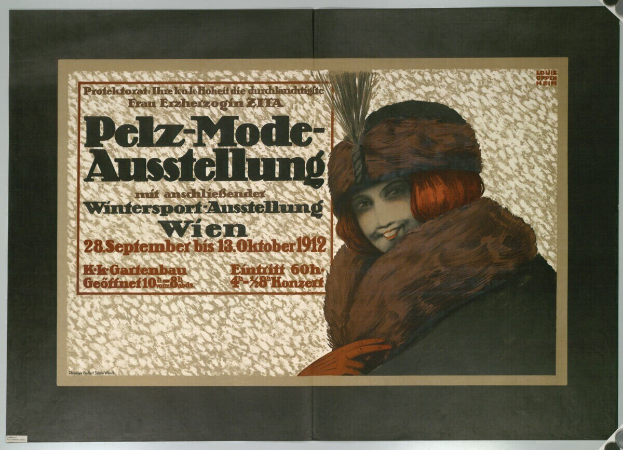 Ein Plakat für ein Wintersport-Event in Wien, Österreich, das eine lachende Frau in einem Pelzmantel und einer Mütze zeigt.