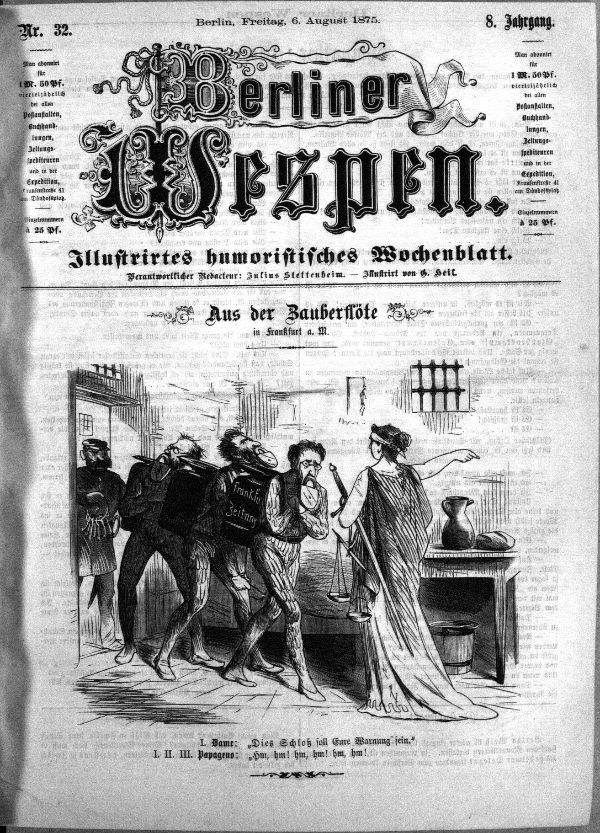 Schwarze und weiße Zeitungsausschnitte mit der Überschrift "Berliner Wespen, 6. August 1875", die eine Gruppe von Menschen zeigen, die ängstlich oder verwirrt schauen.