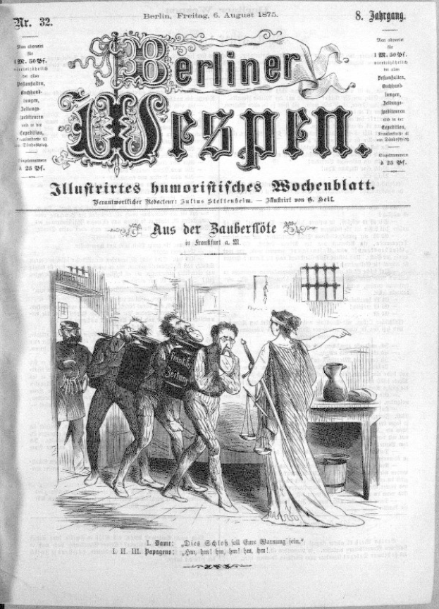 Schwarze und weiße Zeitungsausschnitte mit der Überschrift "Berliner Wespen, 6. August 1875", die eine Gruppe von Menschen zeigen, die ängstlich oder verwirrt schauen.