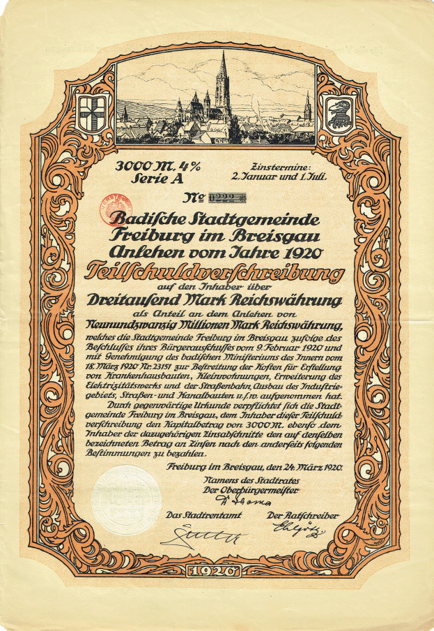 Altes deutsches Aktienzertifikat mit einer Stadtansicht und bedrucktem Text über seinen Ursprung.