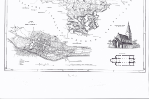 Eine schwarz-weiße alte Karte von Hamburg, Deutschland, mit einer Kirche in der Mitte und Text darauf.