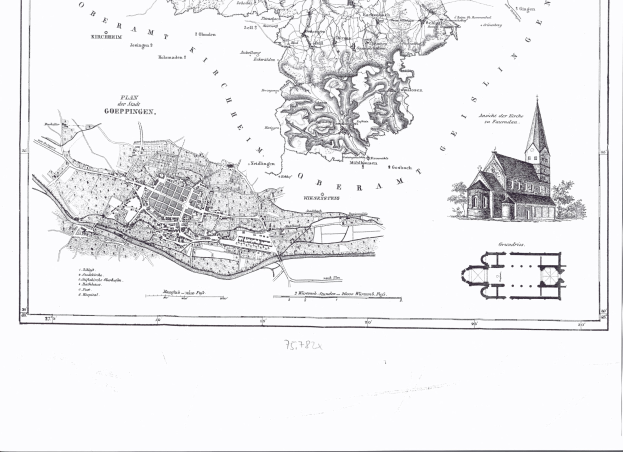 Eine schwarz-weiße alte Karte von Hamburg, Deutschland, mit einer Kirche in der Mitte und Text darauf.