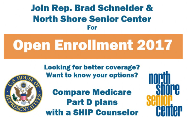 Plakat zur Ankündigung eines offenen Anmeldeereignisses mit Rep. Brad Schneider und North Shore Senior Center, mit Details und Logo.