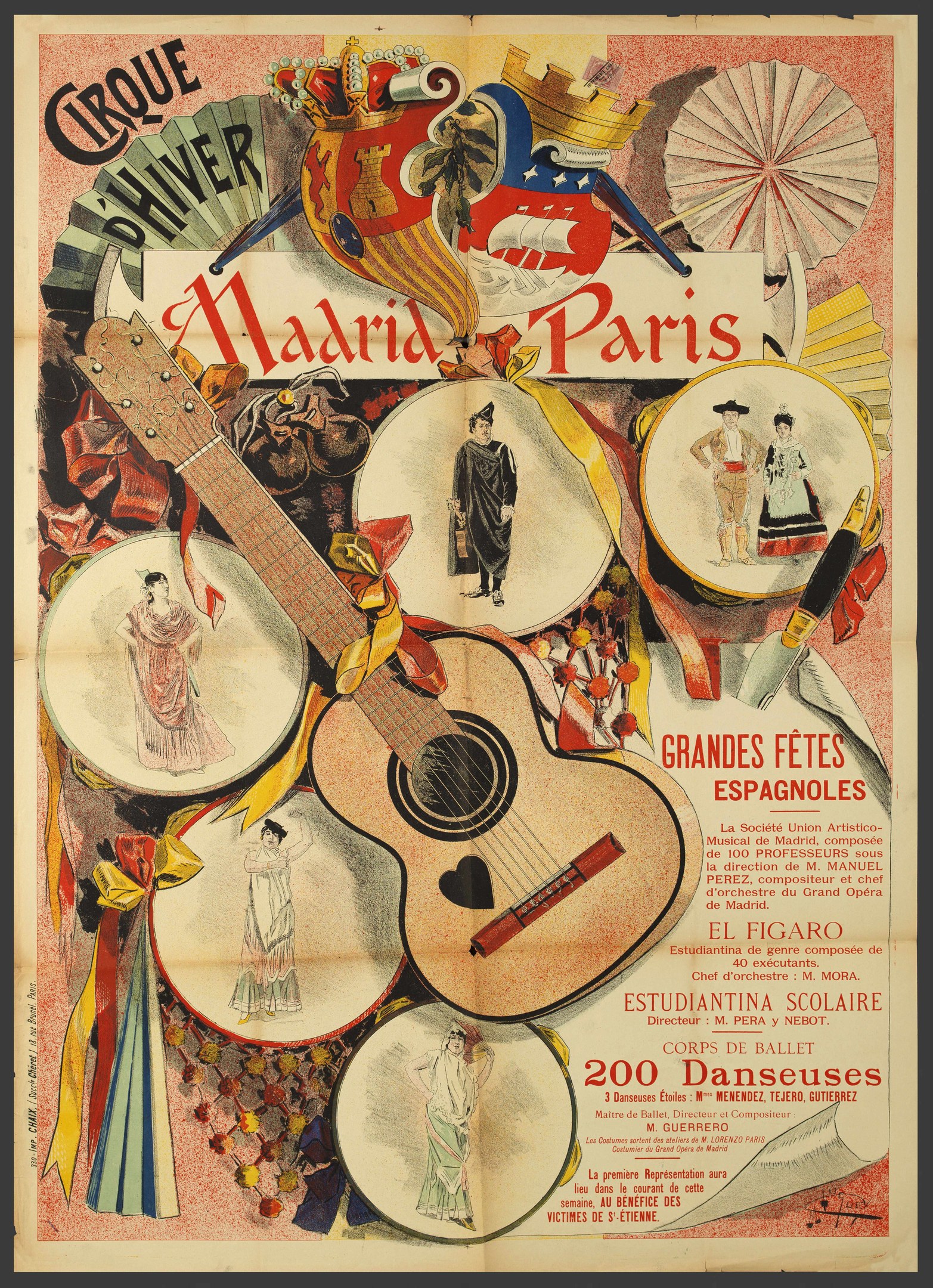 Konzertplakat für ein Event in Madrid, Spanien, mit einem zentralen Gitarrenbild umgeben von Fotos von Menschen und Text.