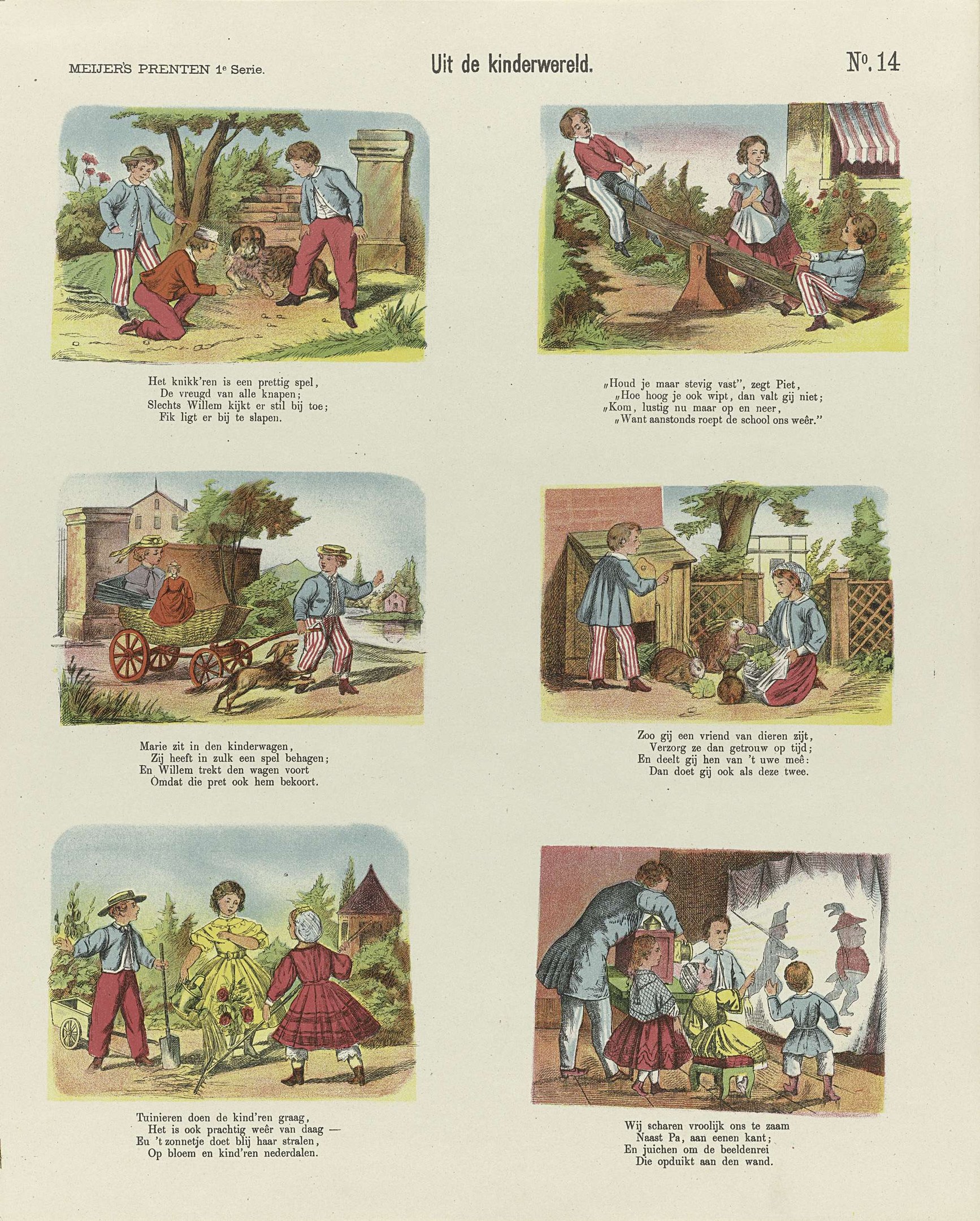 Ein aufgeschlagenes Buch mit Illustrationen von Kindern, die in einem Park spielen, umgeben von Bäumen, Gebäuden und einem Wagen, mit begleitendem Text.