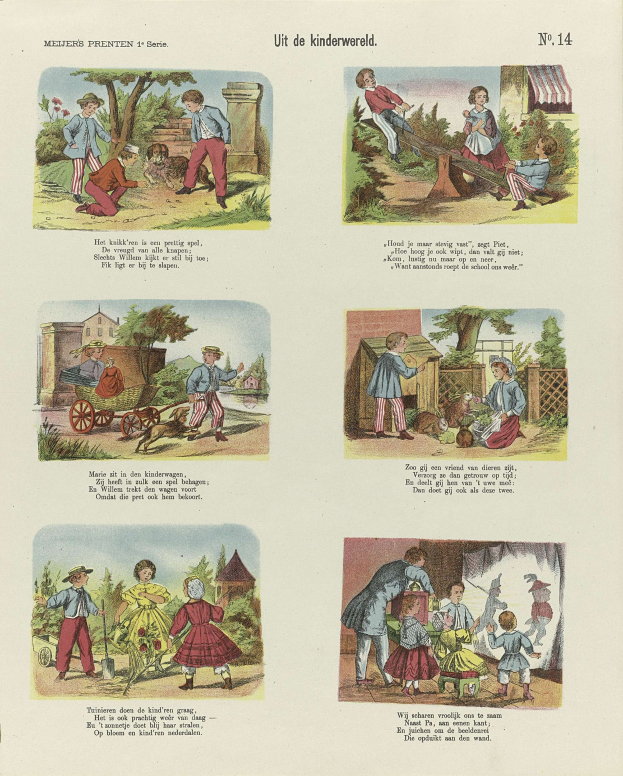 Ein aufgeschlagenes Buch mit Illustrationen von Kindern, die in einem Park spielen, umgeben von Bäumen, Gebäuden und einem Wagen, mit begleitendem Text.